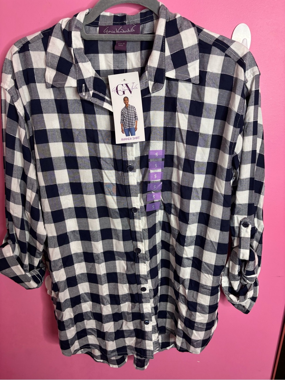 Gloria Vanderbilt Blue and White Buffalo Check Button-Down Blouse